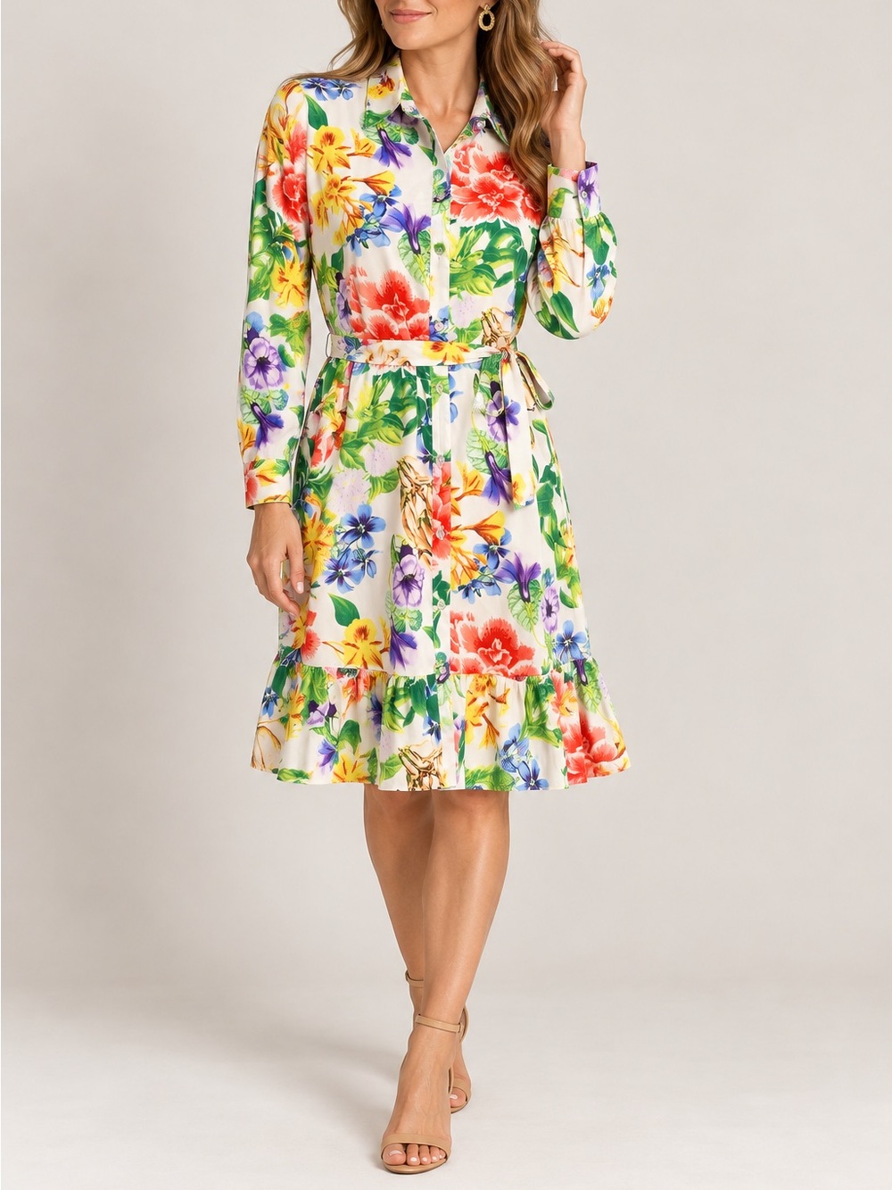 SEE AND BE SEEN Tropical Floral Belted Shirt
Dress Ruffle Hem Size S